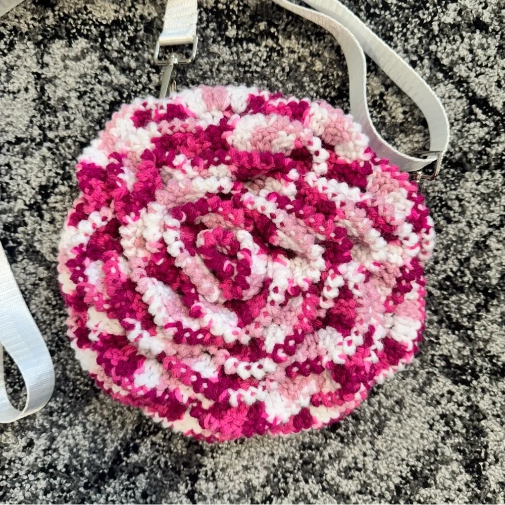Pink & White Hand Crocheted Rose Purse